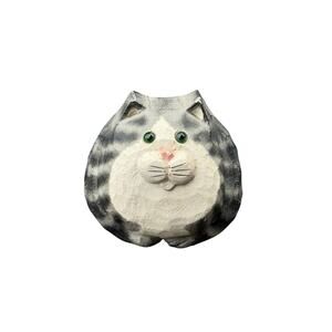Wooden Tabby Cat Figurine Signed James Haddon Folk Art Fat Gray Cat
